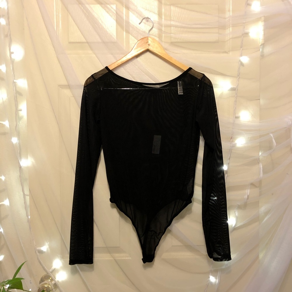PLT mesh crewneck long sleeve thong bodysuit